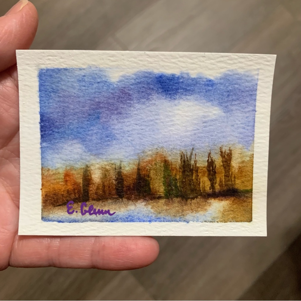 ACEO Mini Watercolor Landscape Painting - Blue Sky and Autumn Trees